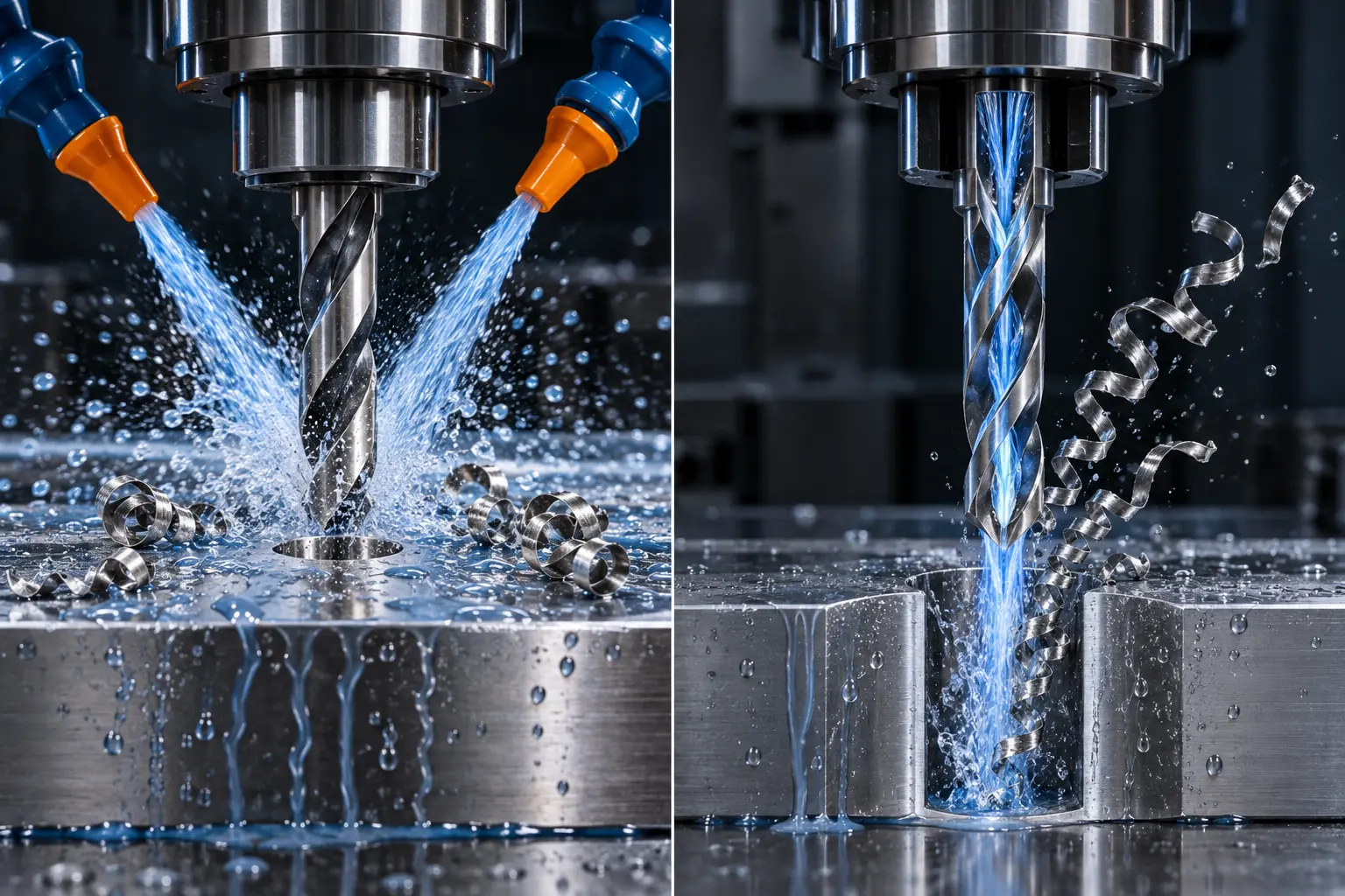 External and internal coolant for stainless steel drilling