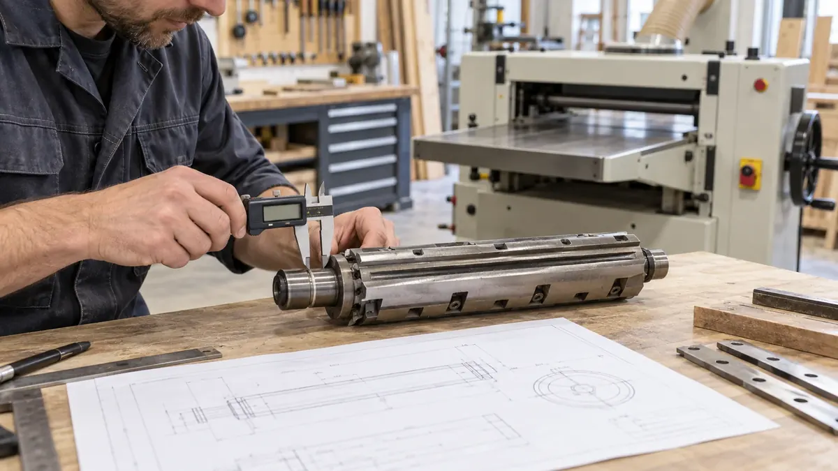Technician checking a woodworking cutterhead with a digital caliper beside a technical drawing