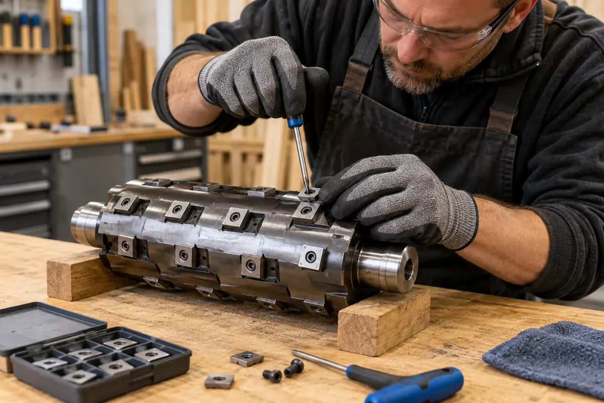 Technician inspecting and replacing an insert on a stationary woodworking cutterhead