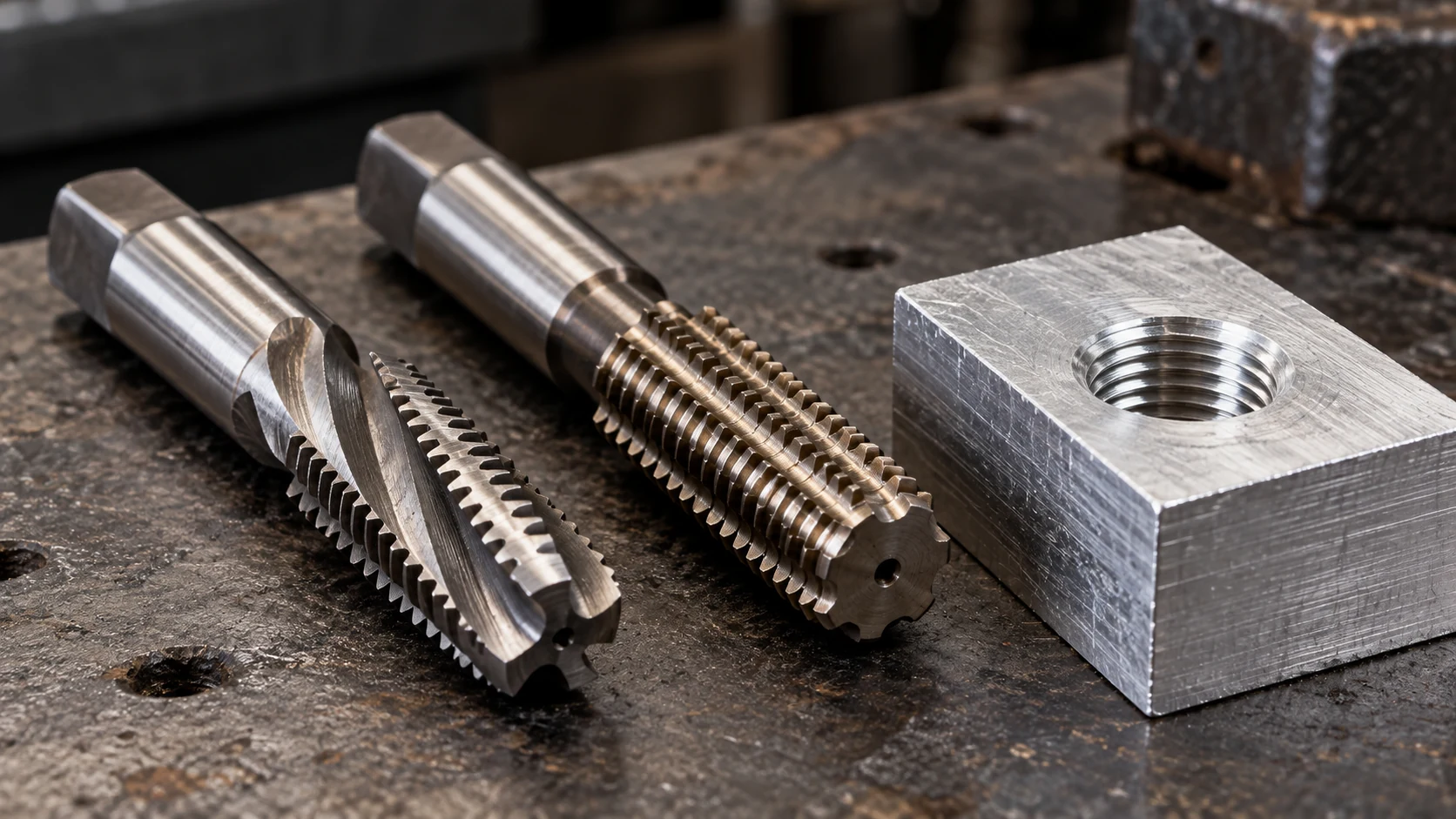 Cutting taps beside a machined threaded hole