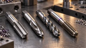 Four common thread tap types arranged for a CNC machining selection guide