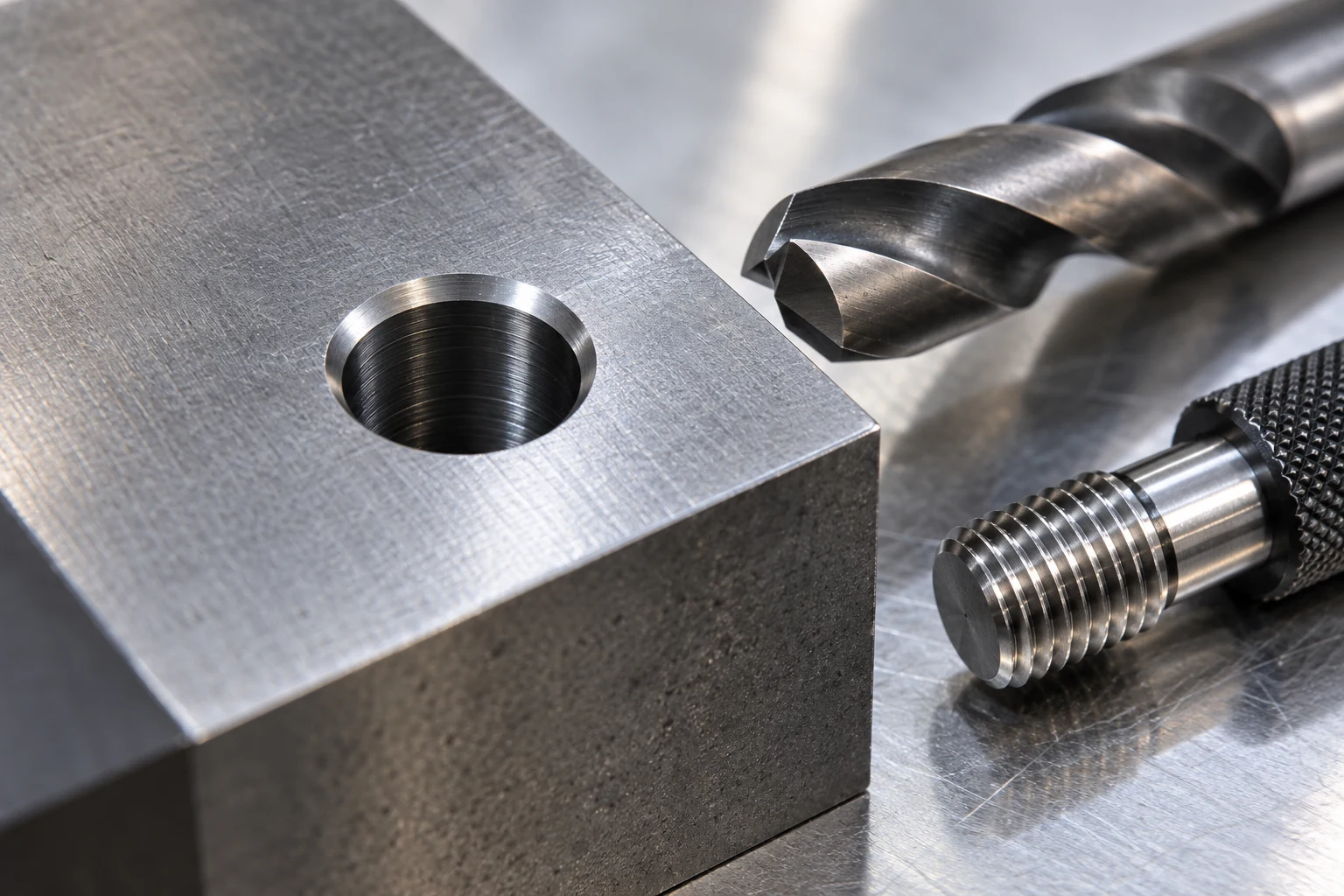 Close-up of a chamfered drilled hole in a hardened steel block with a drill bit and thread gauge