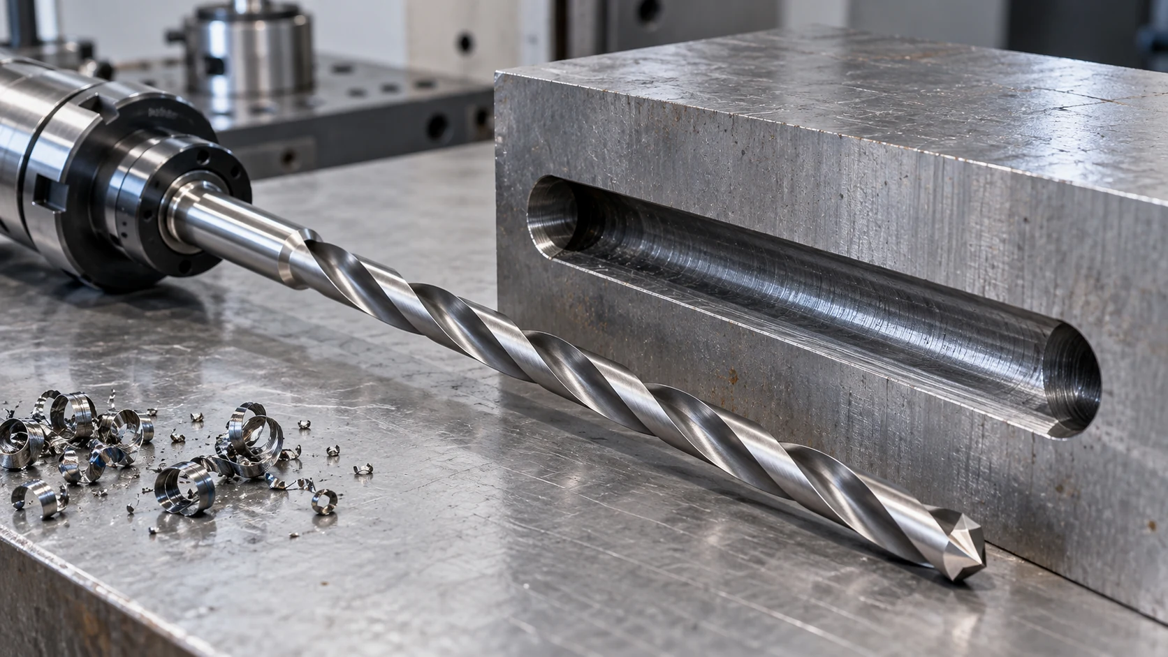 Long-flute twist drill beside a deep hole in a steel workpiece to illustrate chip evacuation