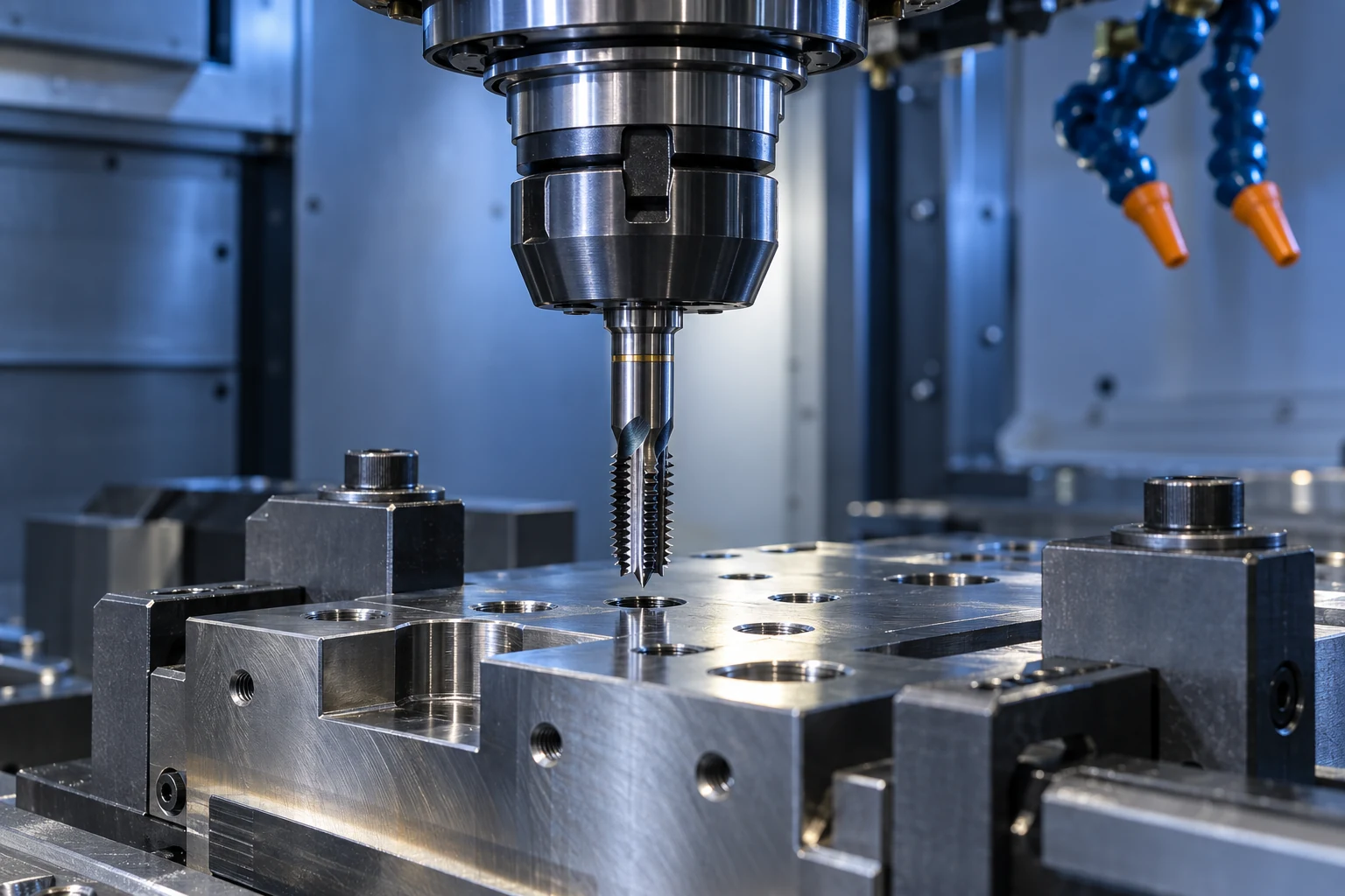 CNC spindle and precision toolholder aligned above a hardened steel workpiece for rigid tapping