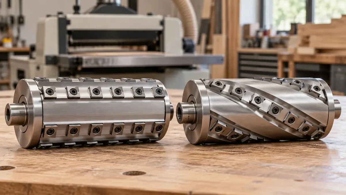 Side-by-side illustrative comparison of two woodworking cutterhead insert layouts