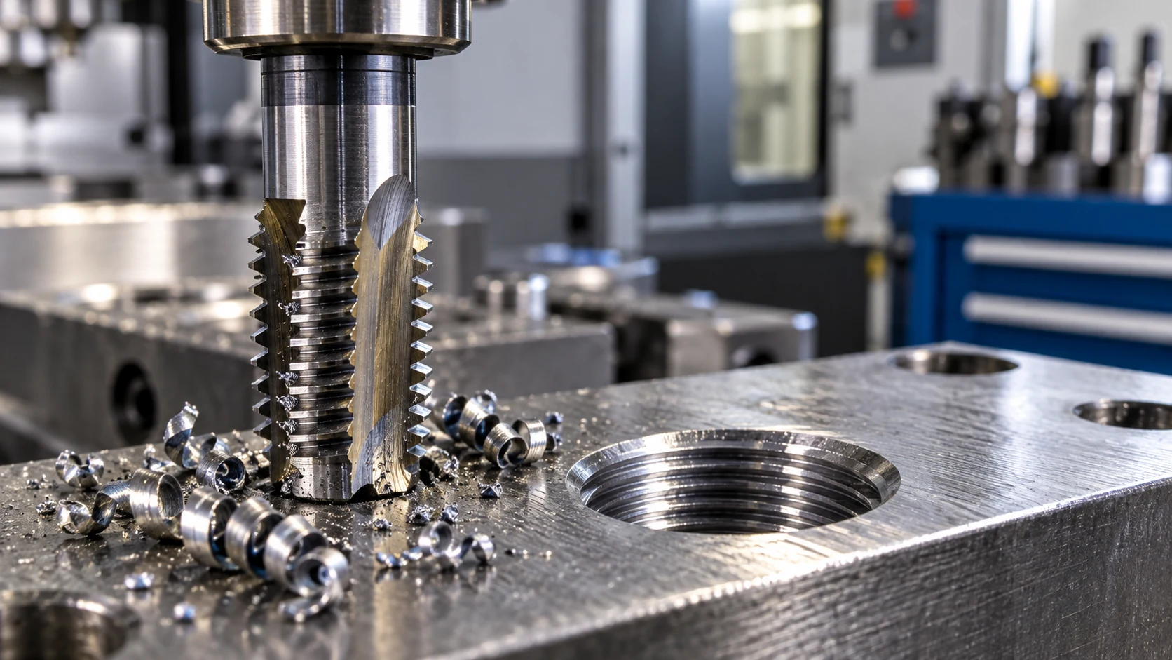 Cutting tap and metal chips beside a threaded hole during tapping troubleshooting