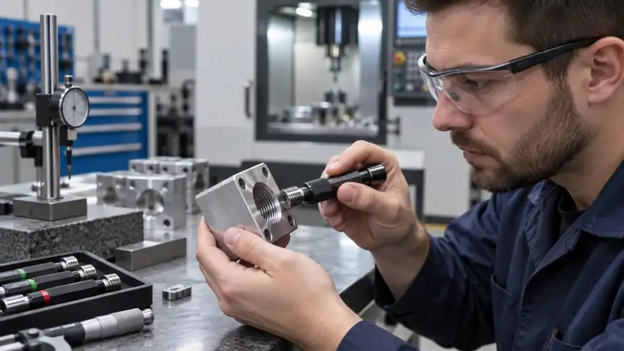 Machinist checking a tapped metal thread with a thread plug gauge