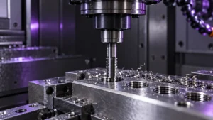 CNC machine tapping a steel workpiece during a thread tap troubleshooting process