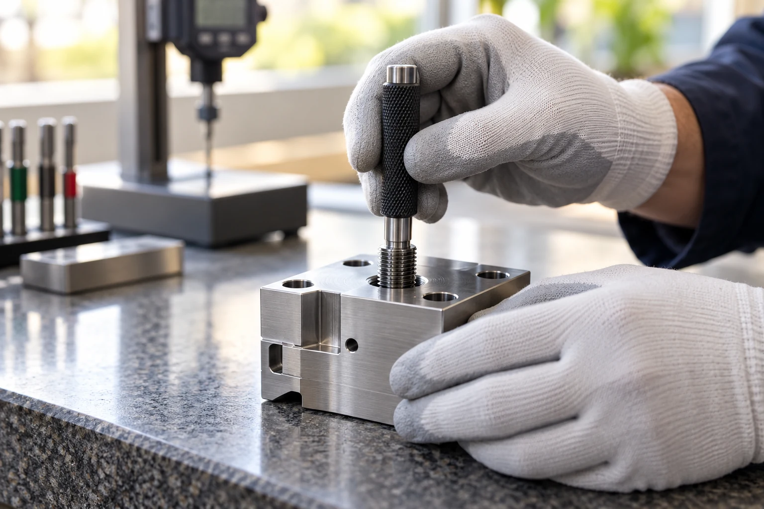 Technician checking an internal thread in a precision steel insert with a thread plug gauge