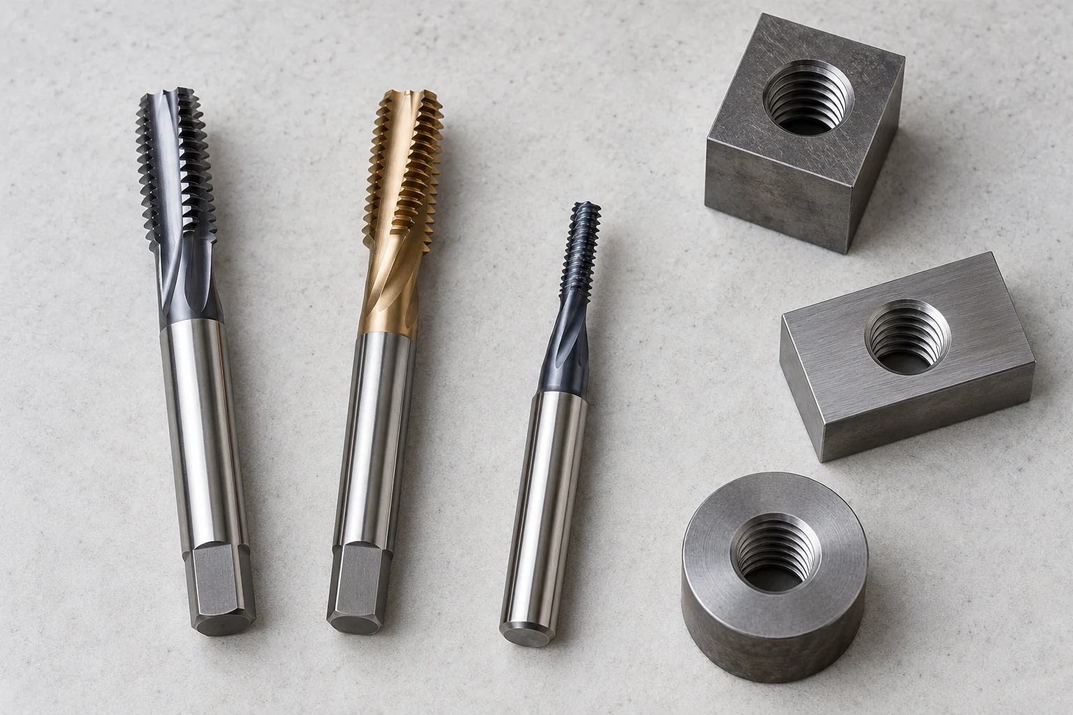 Solid carbide tap, HSSE-C tap, and thread mill arranged beside threaded steel samples
