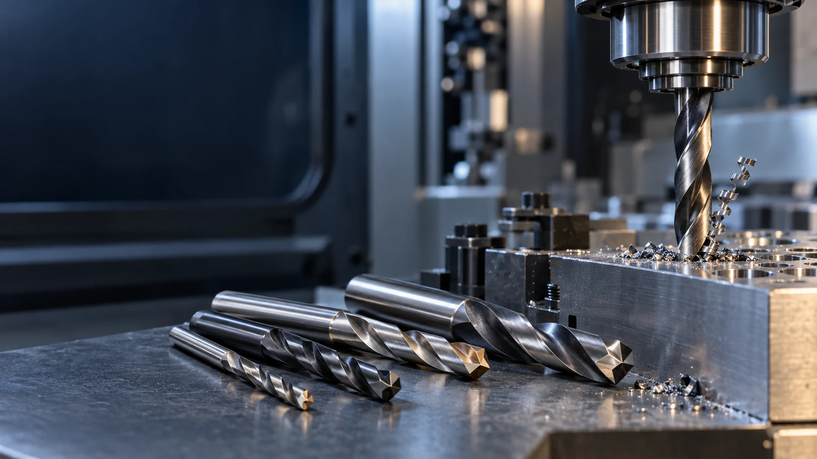 Twist drill bits selected for metalworking beside a CNC machine and steel workpiece