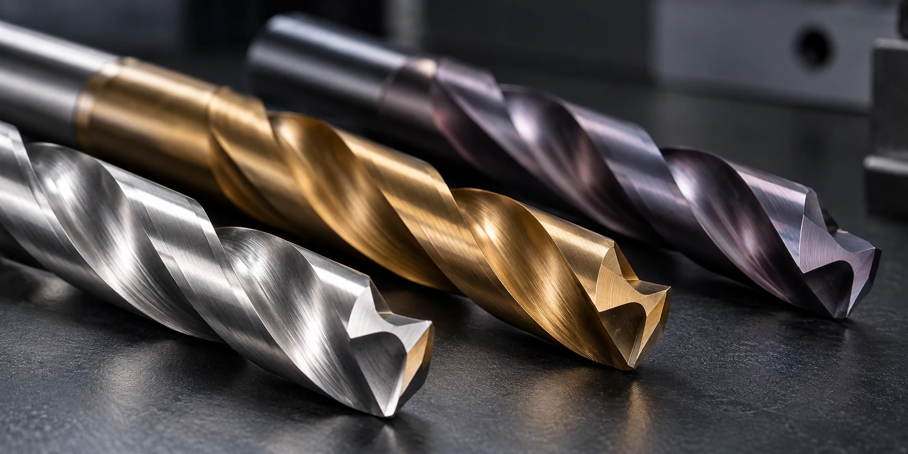 Twist drill bits with different surface coating finishes shown in close-up