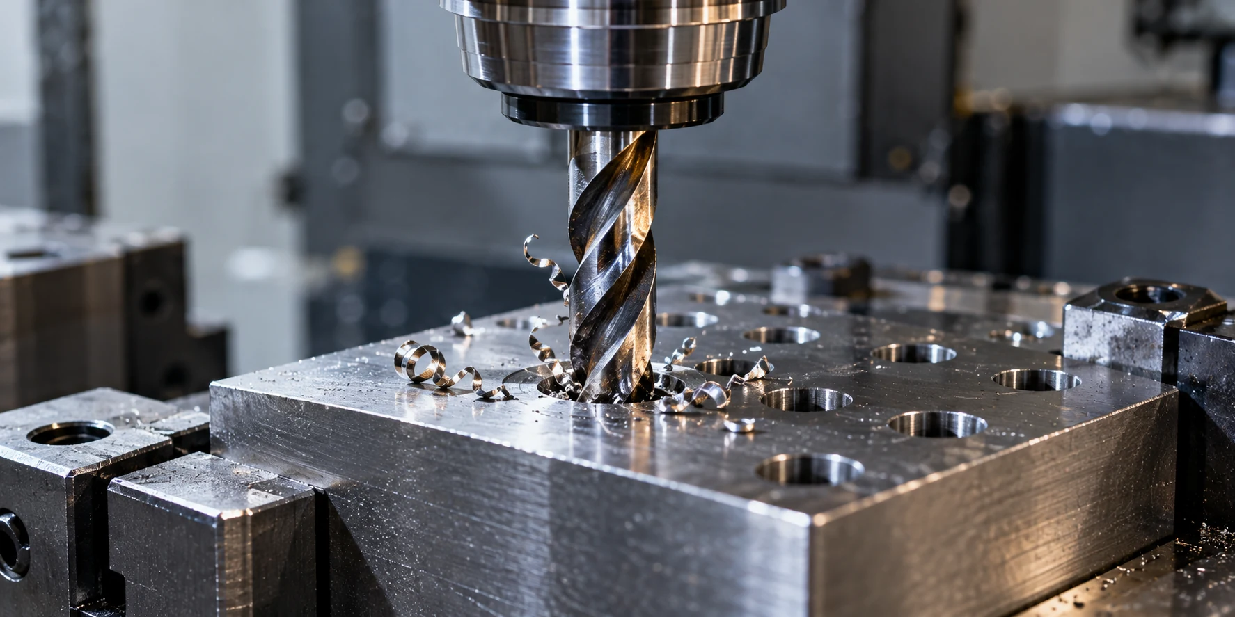 Twist drill point machining a steel block with small metal chips at the hole entry