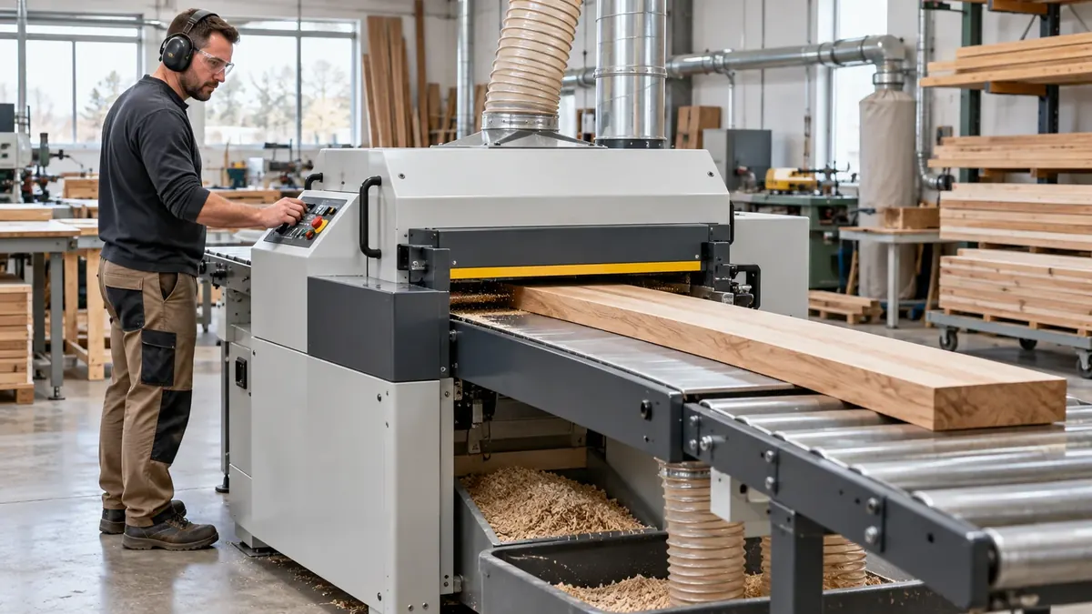 Guarded woodworking planer processing a board in a production workshop
