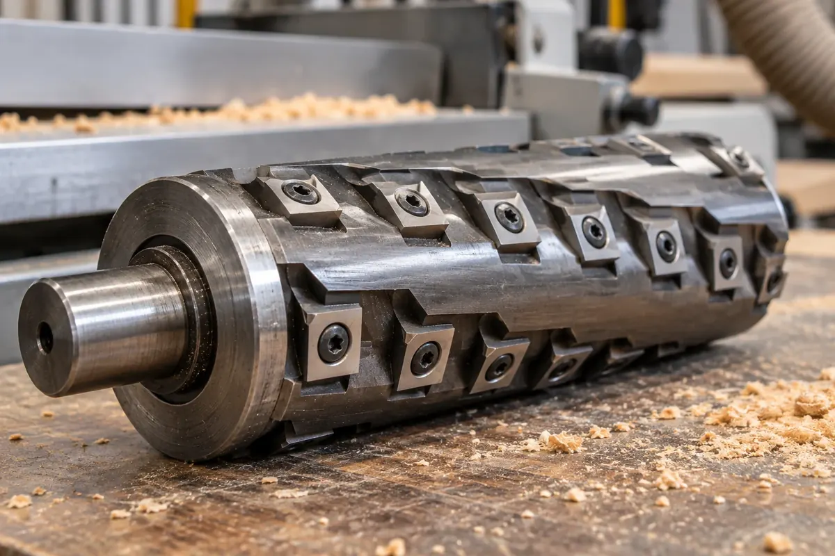 Close-up of replaceable inserts arranged around a woodworking cutterhead
