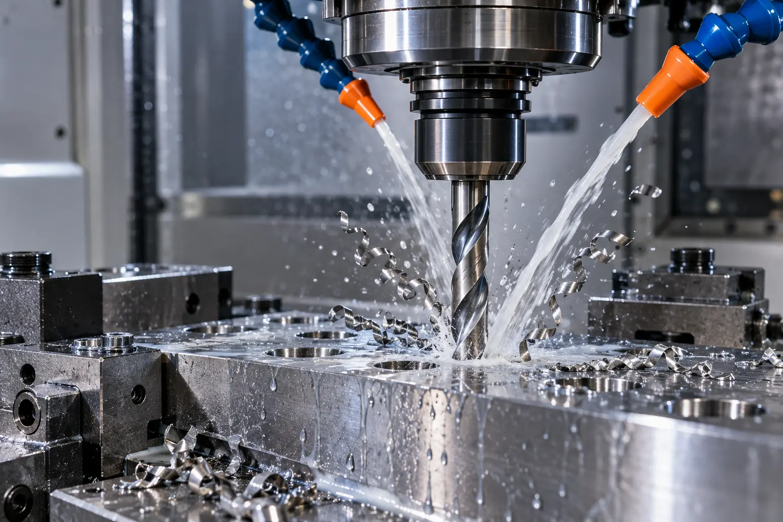 Carbide drill machining steel with coolant and chip evacuation