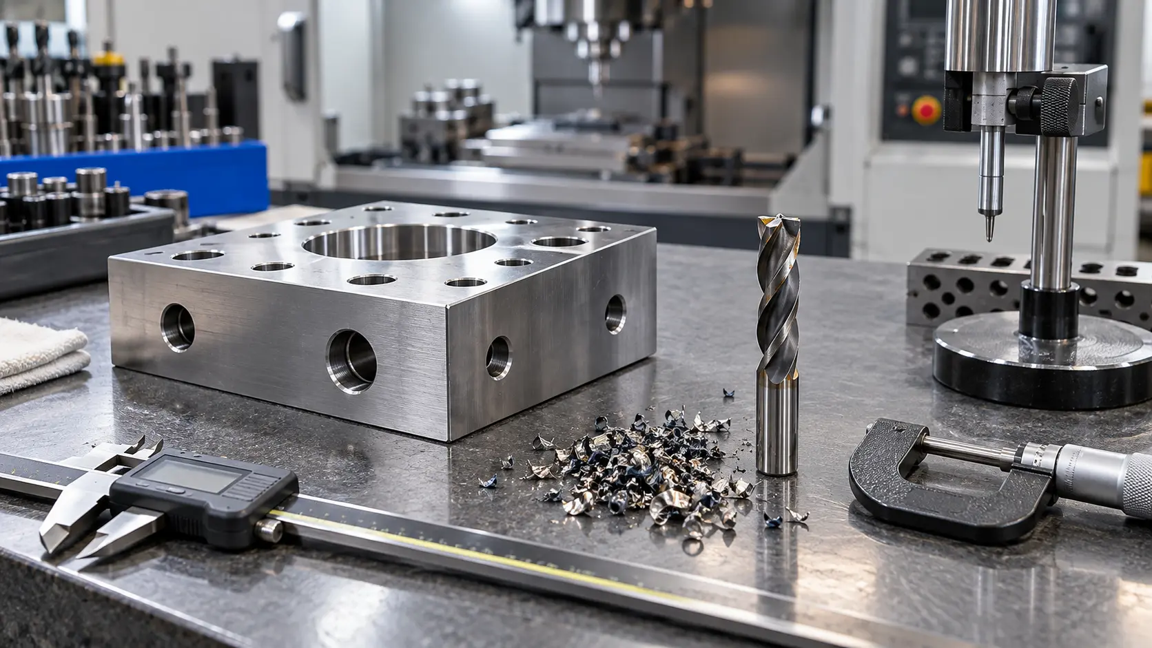 Carbide drill sample inspection with drilled steel workpiece and chips