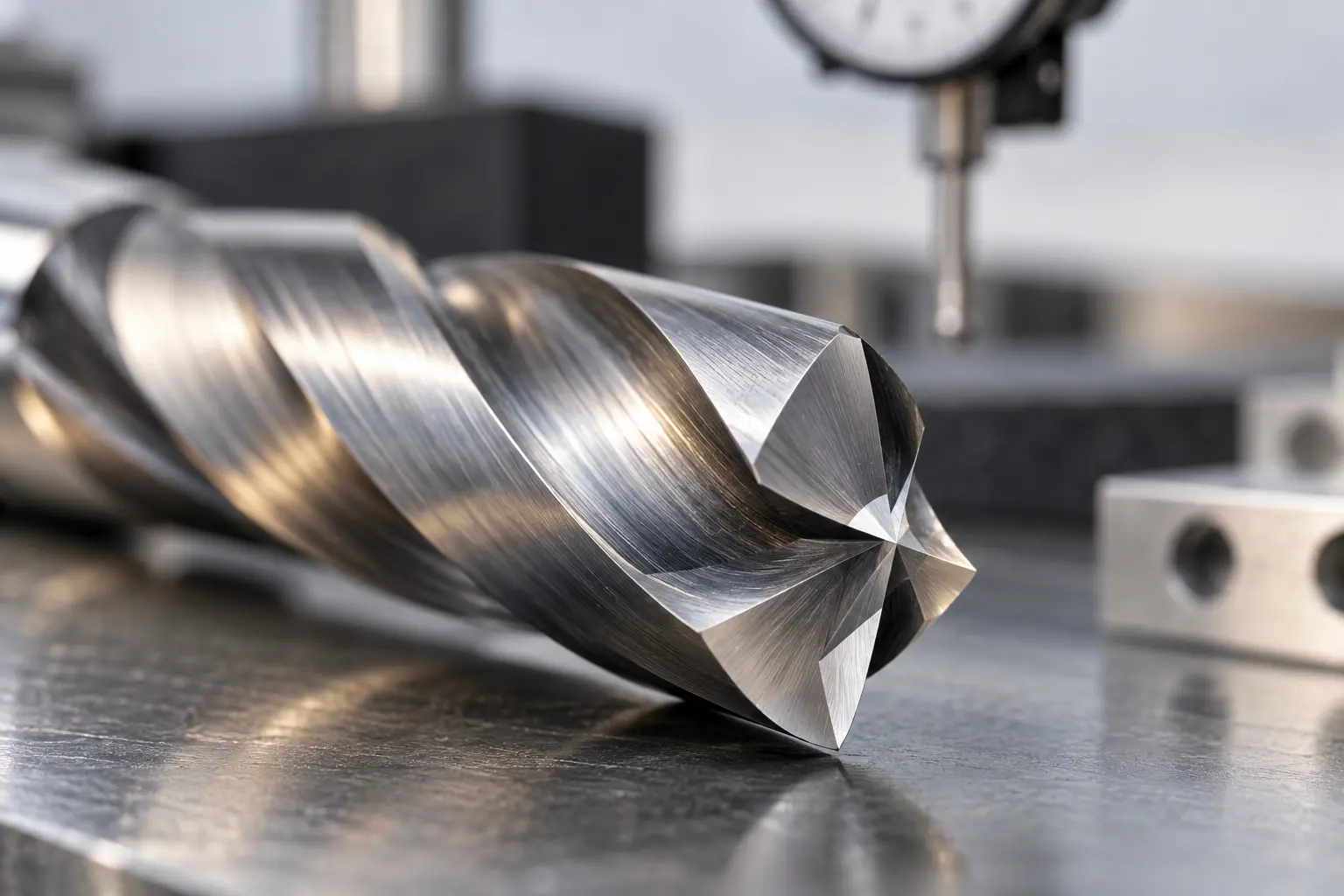 Close-up of a solid carbide drill tip and cutting edges