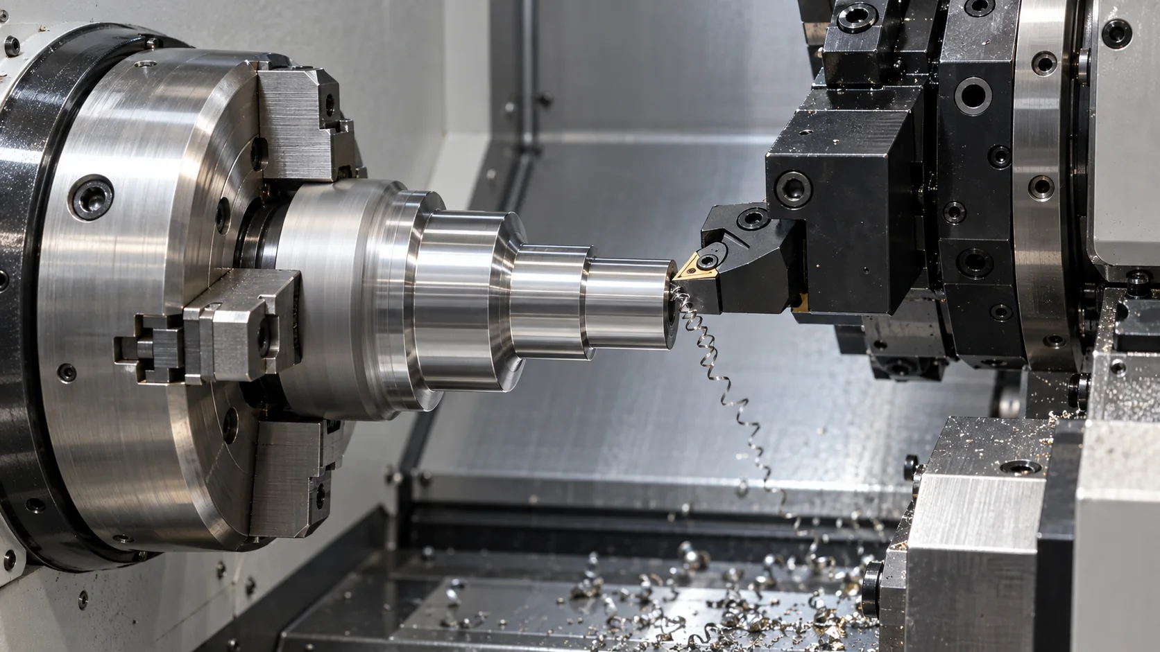 Rigid CNC turning setup in a precision machining workshop