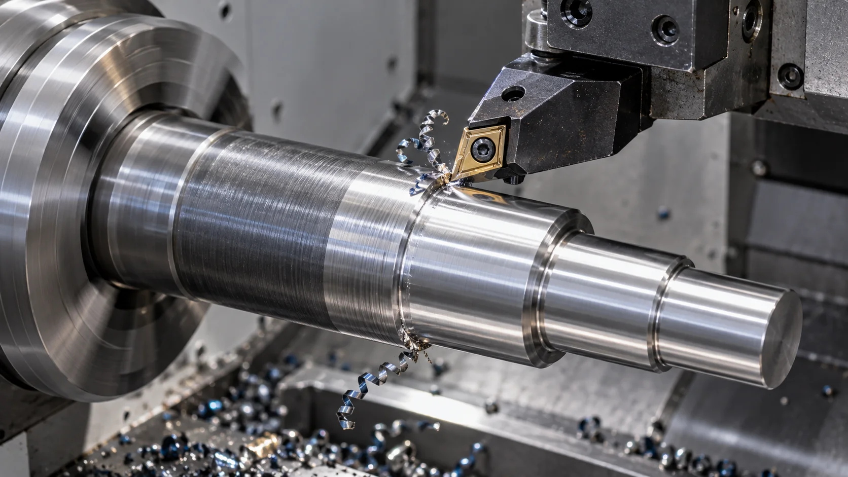 Carbide turning insert machining a steel shaft on CNC lathe