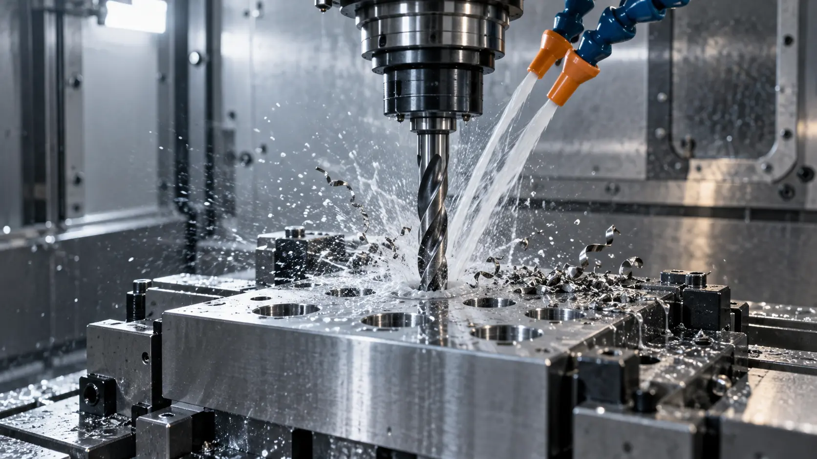 Solid carbide drill machining a steel component in a CNC machine